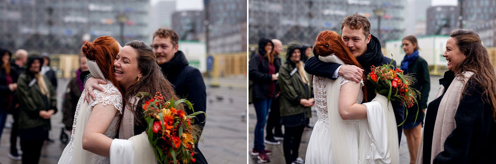friends congratulating bride and groom after the wedding at Copenhagen city Hall