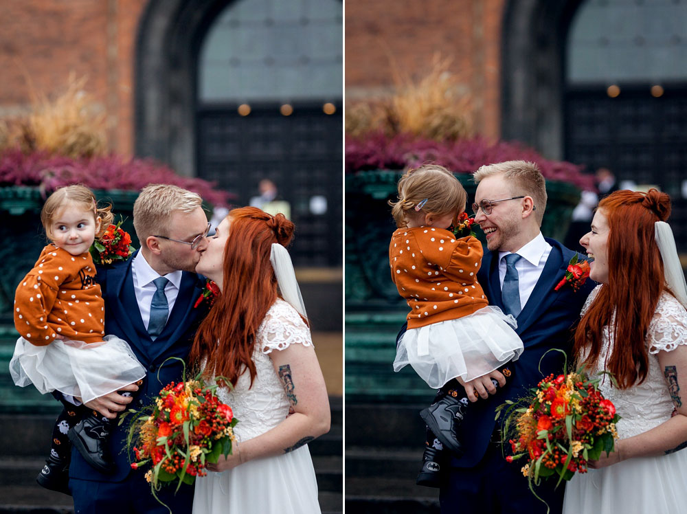 bride, groom and daughter at Copenhagen City Hall, photos by Natalia Cury wedding photographer