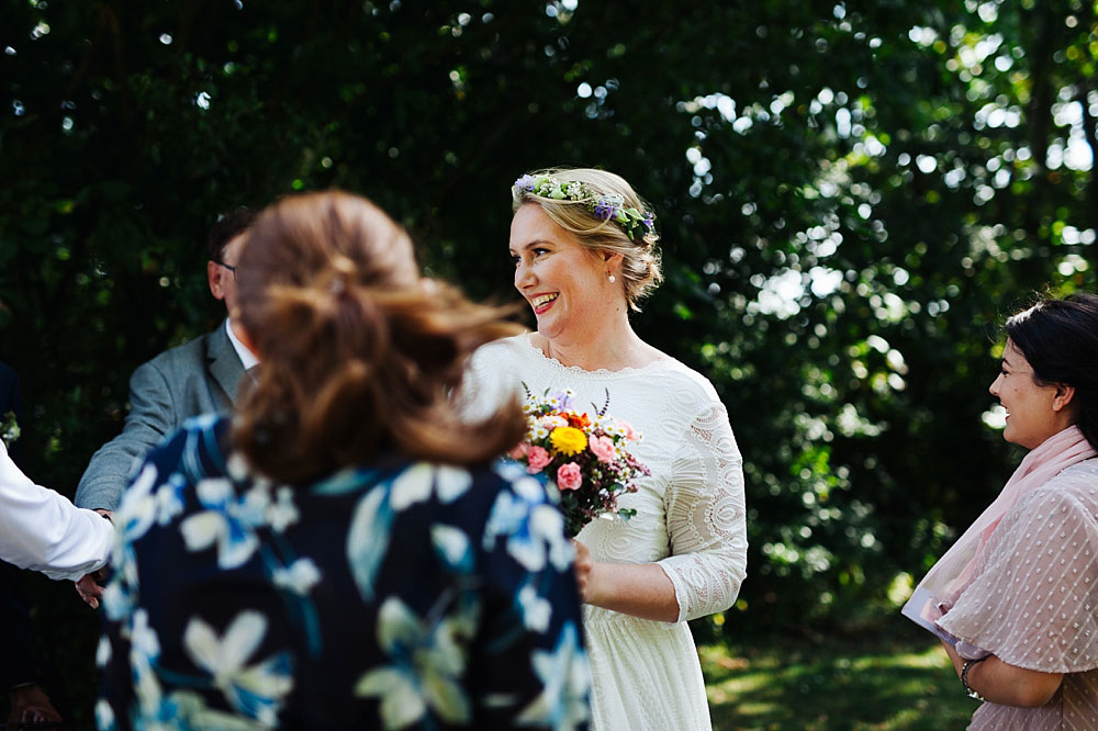 bride smiling at her wedding reception in Stevns Klint, Denmark