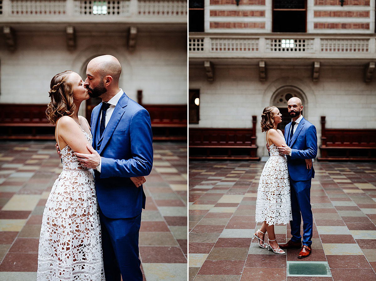 bride and groom at Copenhagen City Hall. Natural wedding photos by Natalia Cury photographer