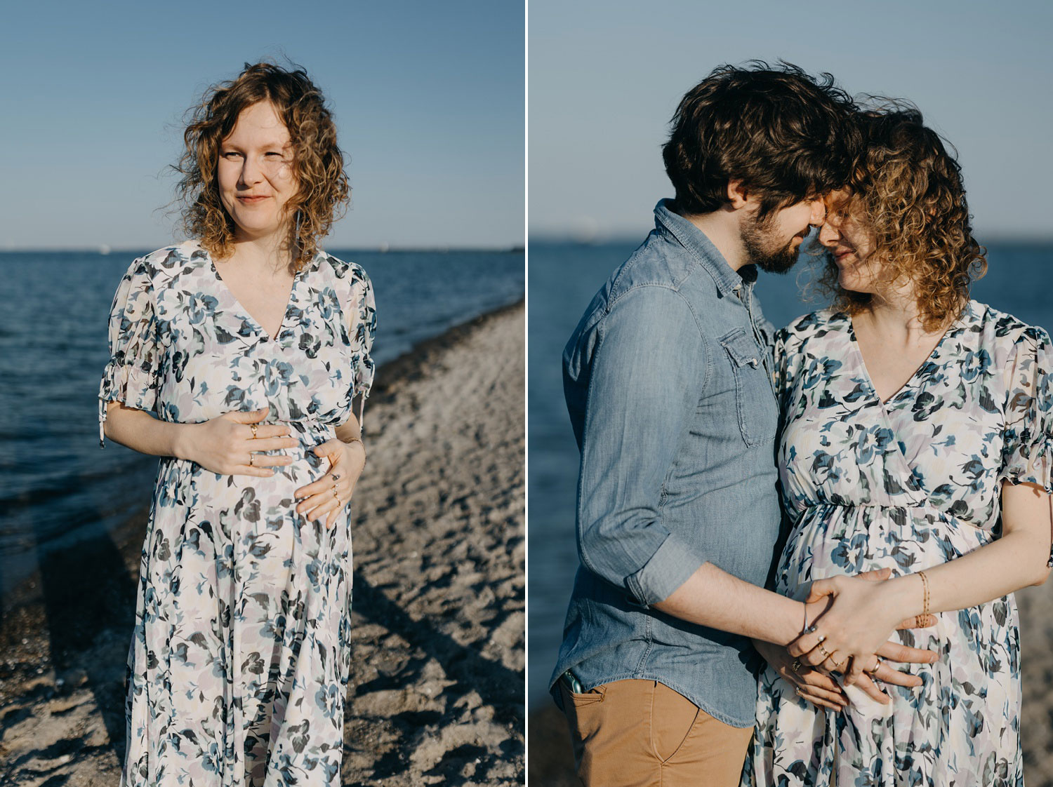 Pregnant woman embracing her baby bump at Copenhagen beach
