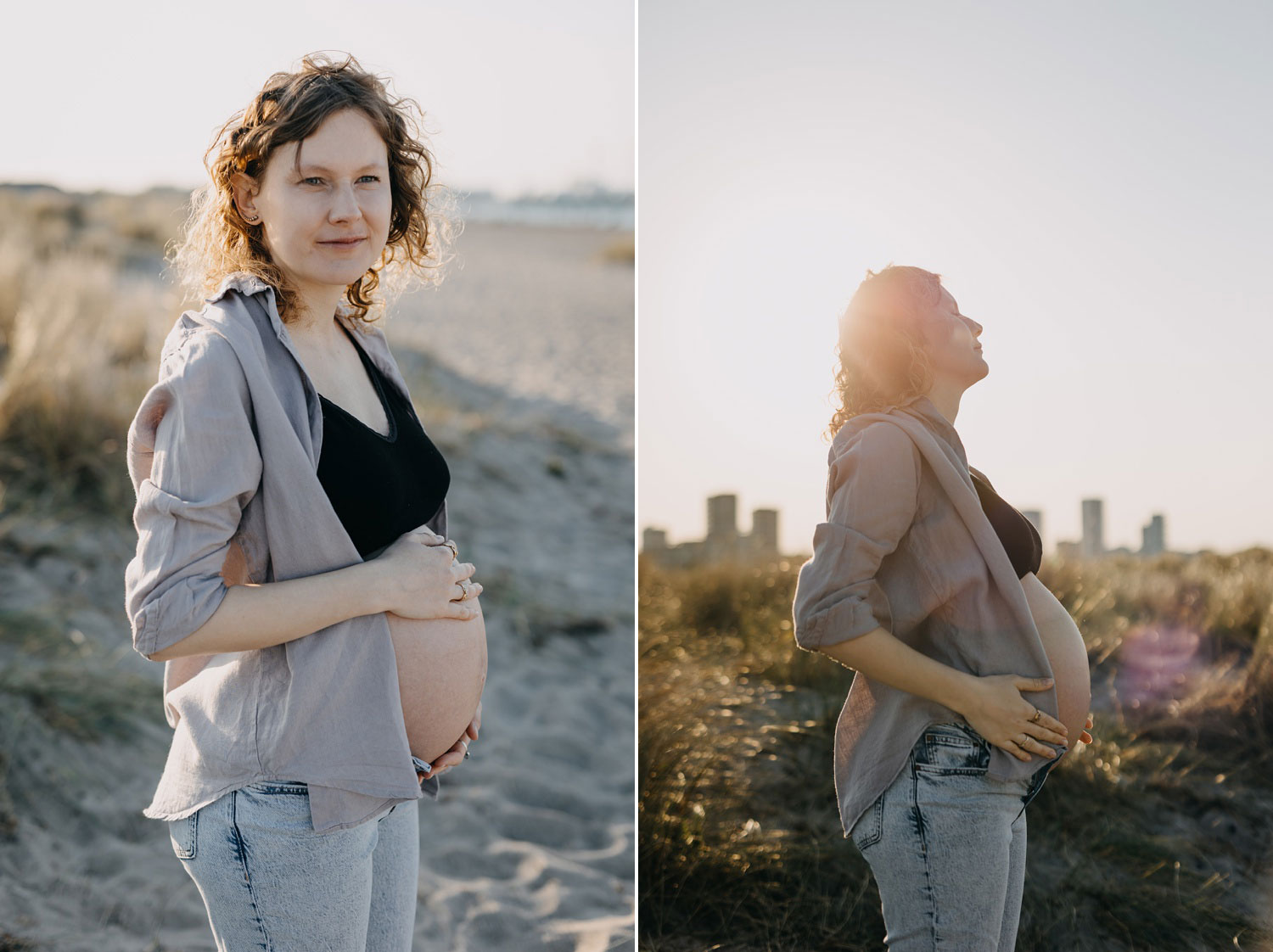 Pregnant woman embracing her baby bump at Copenhagen beach