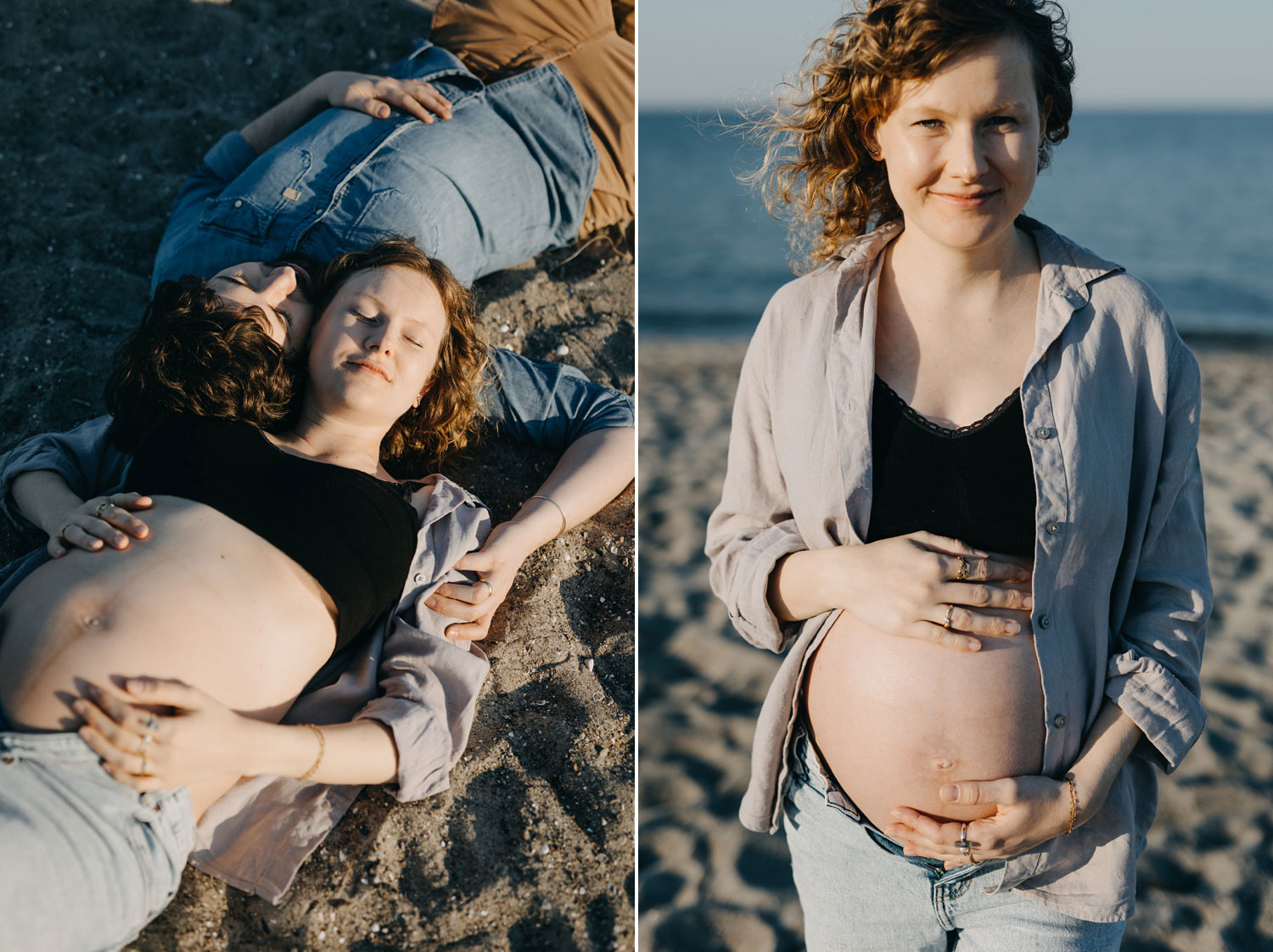 Serene expecting mom basking in the sunlight on a Copenhagen beach