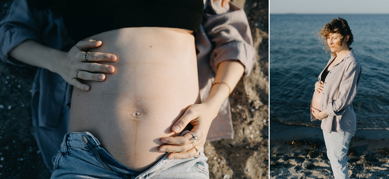 Serene expecting mom basking in the sunlight on a Copenhagen beach