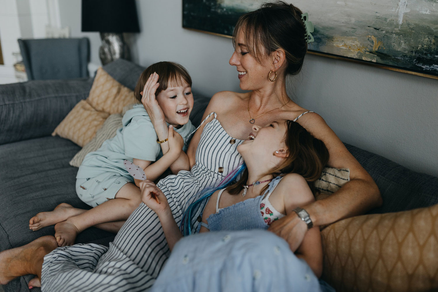 Happy family during a family photo session at home in Copenhagen