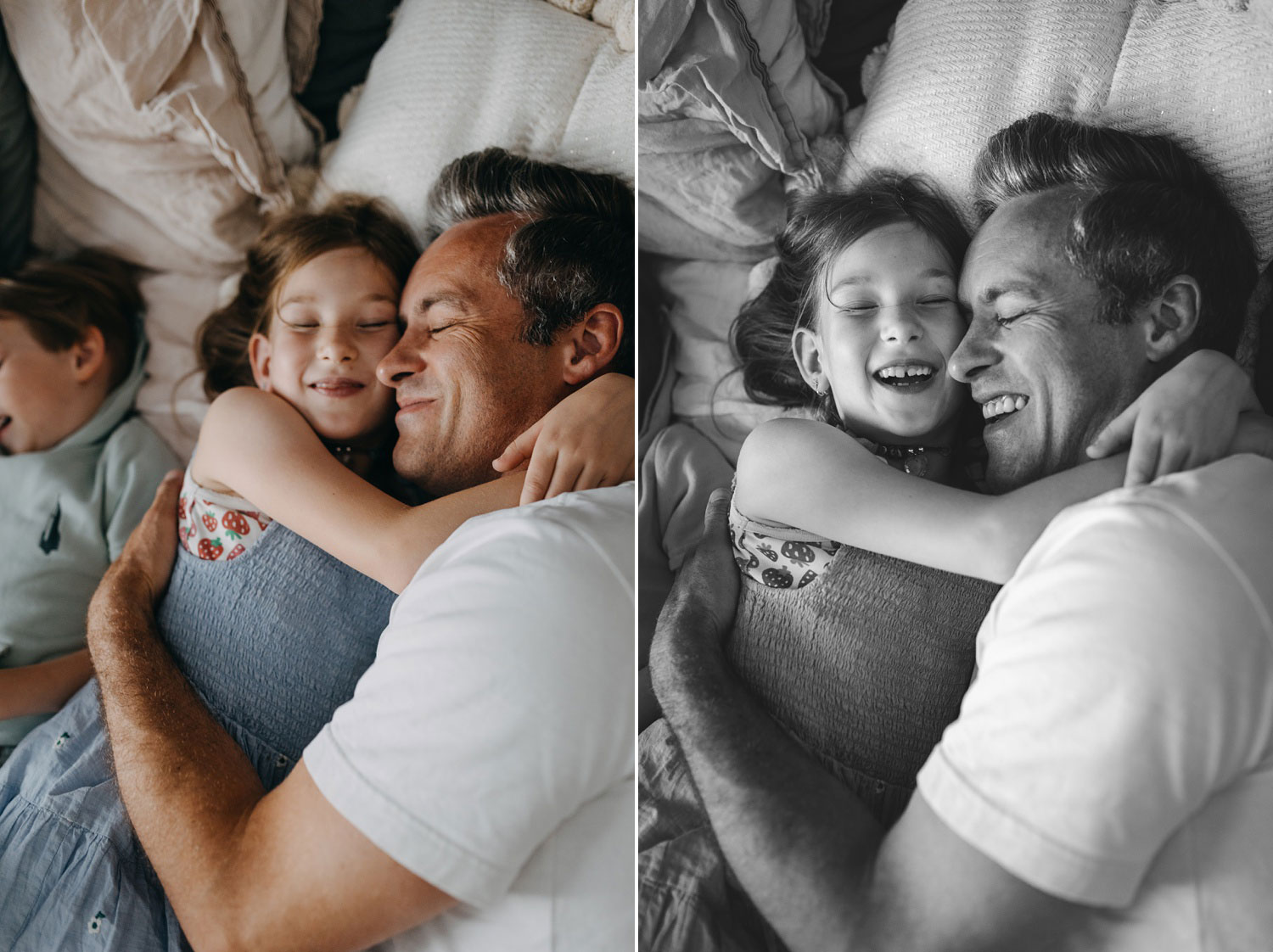 Father and daughter embracing at home in Østerbro, Copenhagen. 