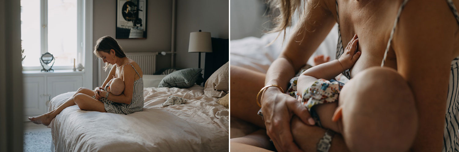 Image of a baby peacefully being breastfed during a family photo session at home in Copenhagen