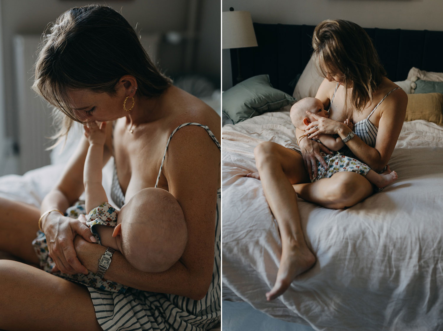 Image of a baby peacefully being breastfed during a family photo session at home in Copenhagen