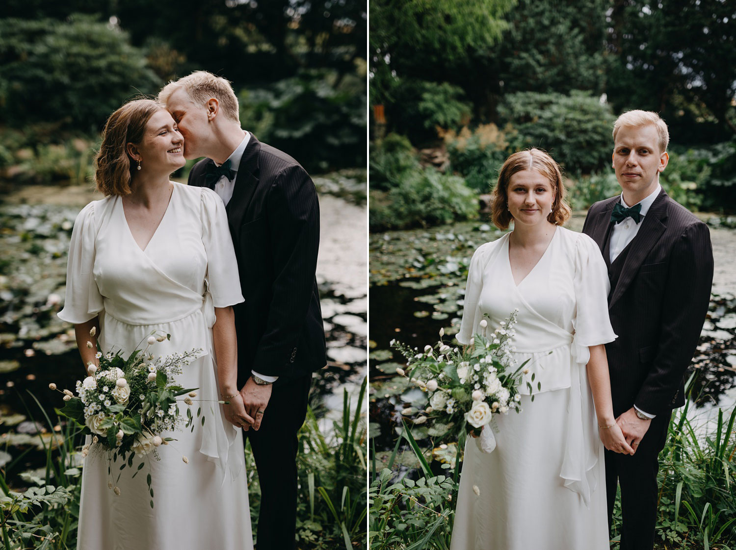 Elegant bride and groom posing by the serene lake in Frederiksberg Have, a picturesque Copenhagen park