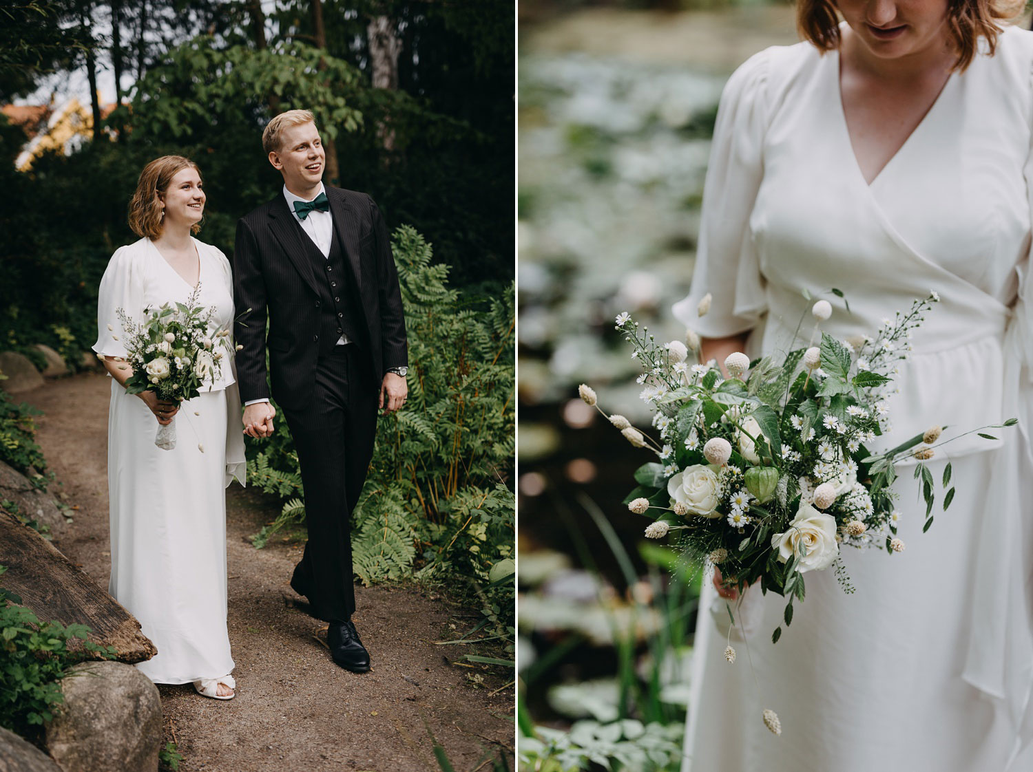 A beautiful bridal bouquet held delicately by the bride at a park in Copenhagen