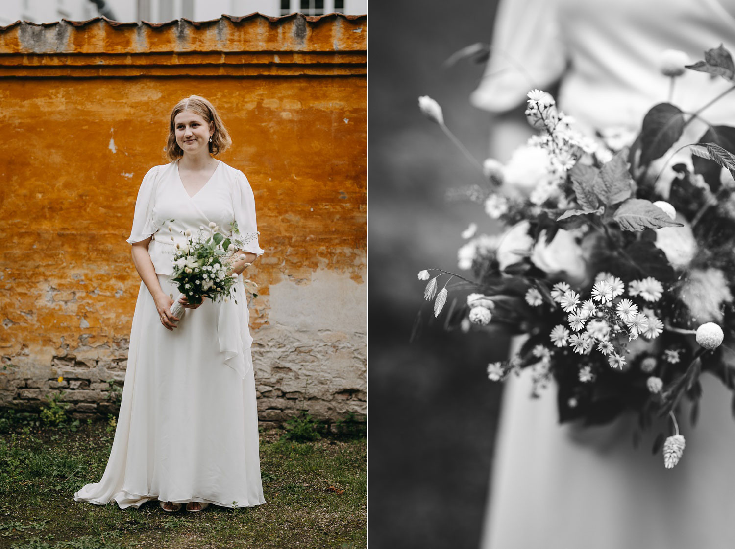 A beautiful bridal bouquet held delicately by the bride at a park in Copenhagen
