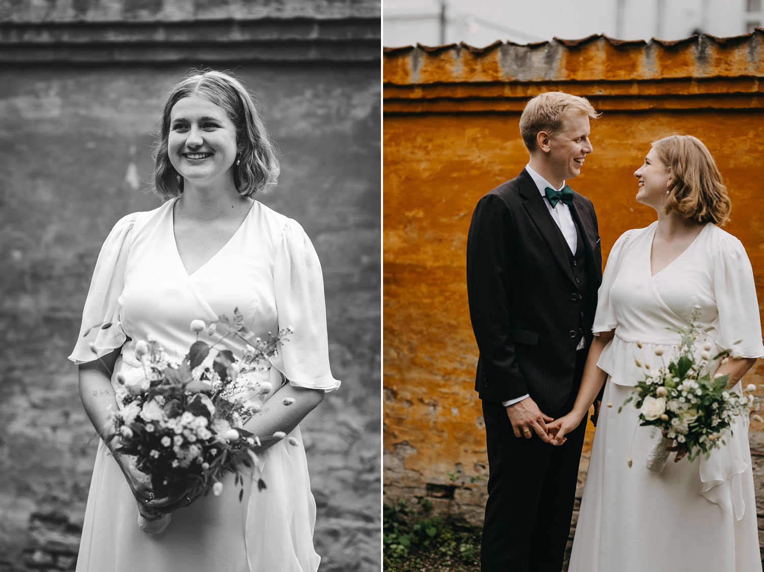 black and white wedding photo of newlyweds in formal attire, radiating joy in the stunning Frederiksberg Have gardens