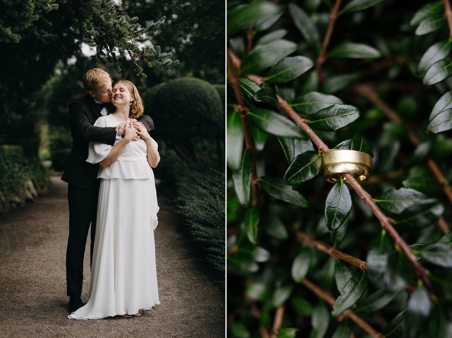 Macro shot of the couple's wedding rings, gleaming in the soft daylight and a loving couple at their wedding portrait session in Copenhagen