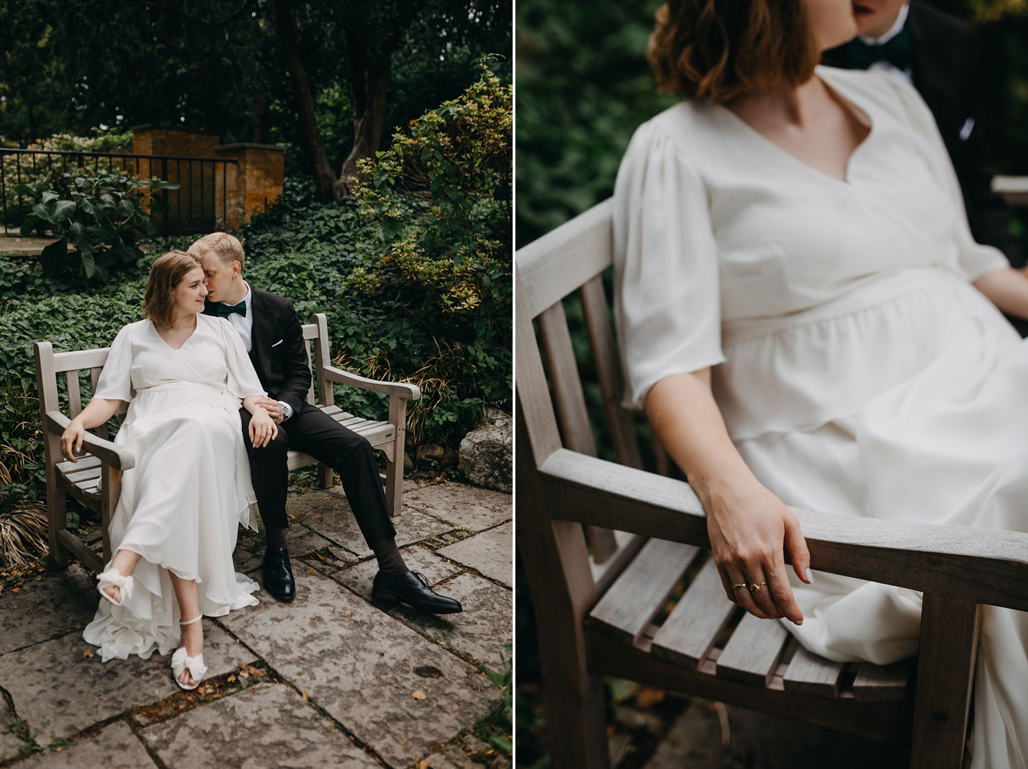 Copenhagen wedding photographer captures a natural shot of a bride and groom sitting and embracing on a bench in Frederiksberg Have