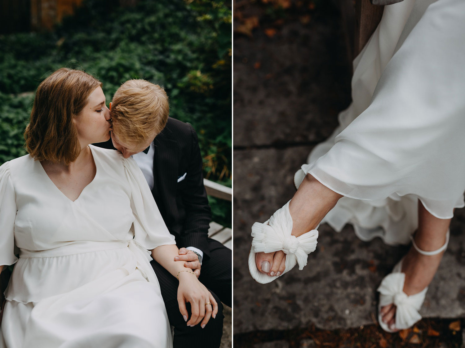 Bride kissing groom on the cheek  and detail of the her bridal shoes