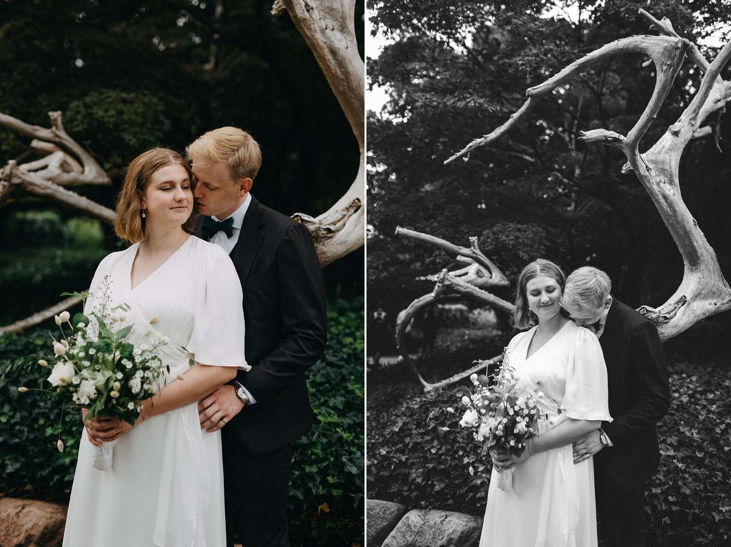 Romantic wedding photo of a couple in Frederiksberg Have, with the park's beauty as their backdrop