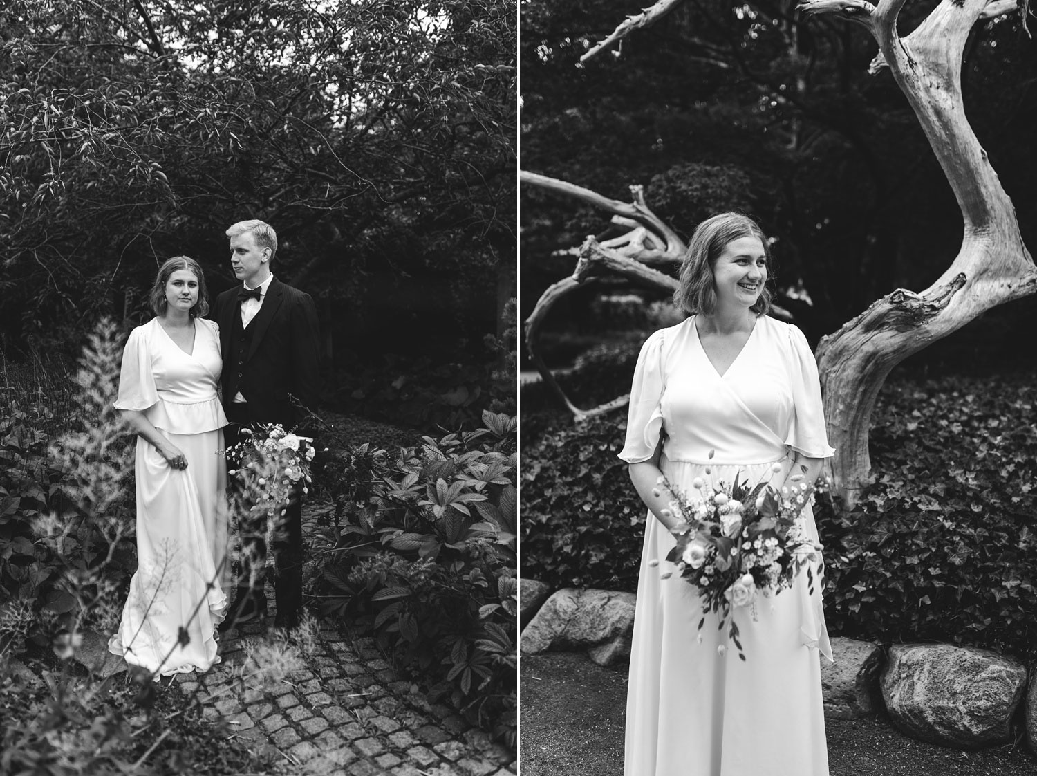 black and white portraits of bride and groom at Frederiksberg Have in Copenhagen 