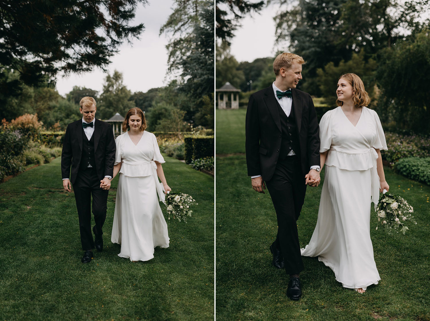 Bride and groom smiling as they stroll hand in hand through Frederiksberg Have's enchanting gardens