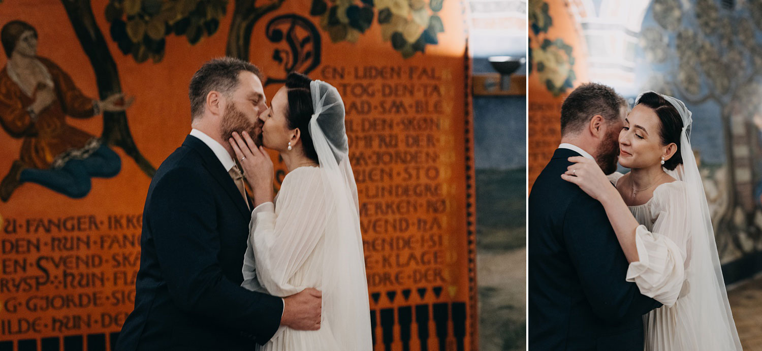 Bride and Groom kissing at Copenhagen City Hall