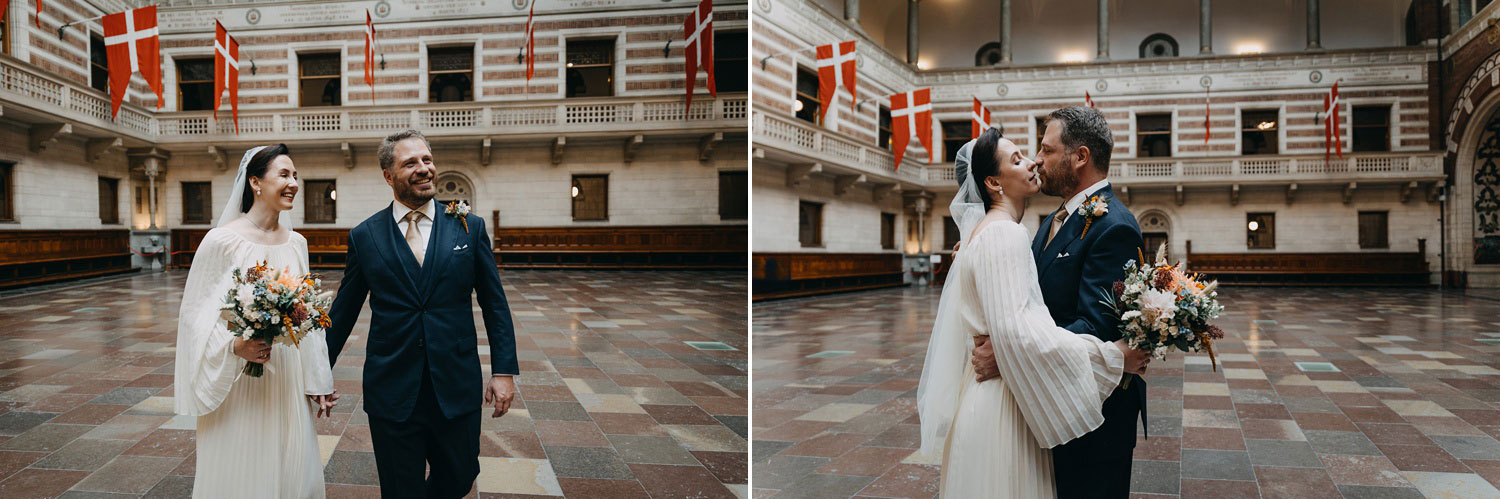 Bride and Groom Embracing at Copenhagen City Hall