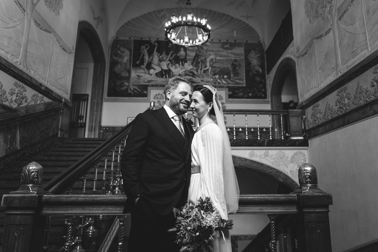 Groom and Bride Laughing in Copenhagen City Hal