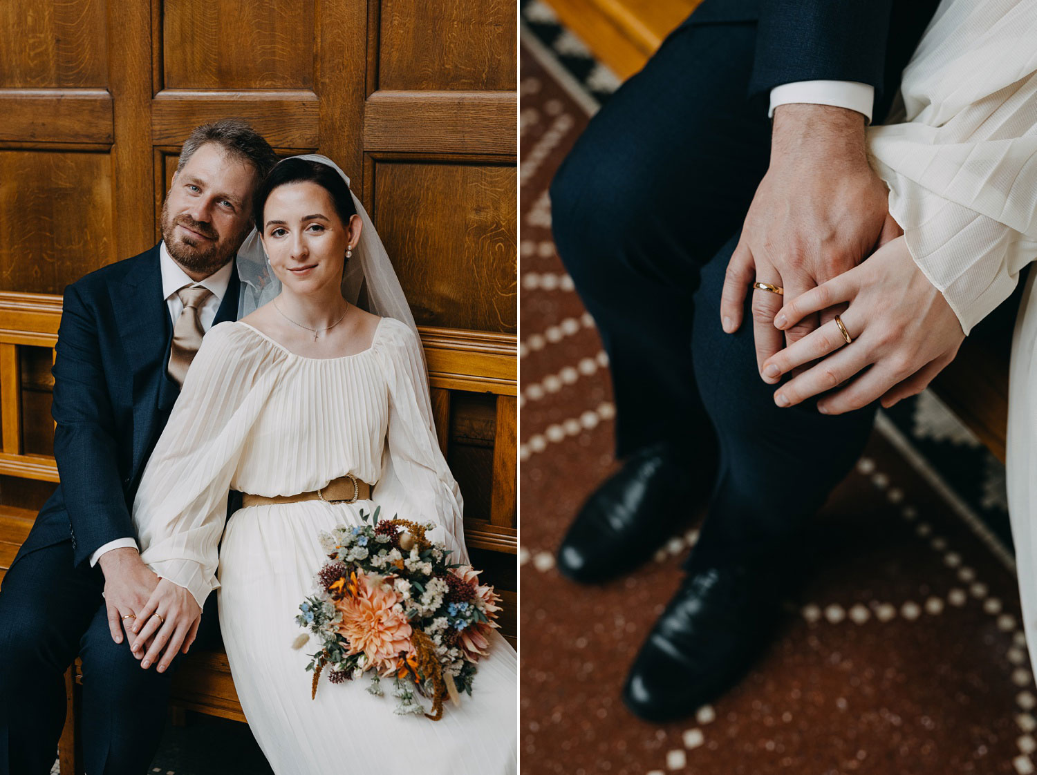 bride and groom posing for photos at Copenhagen city hall