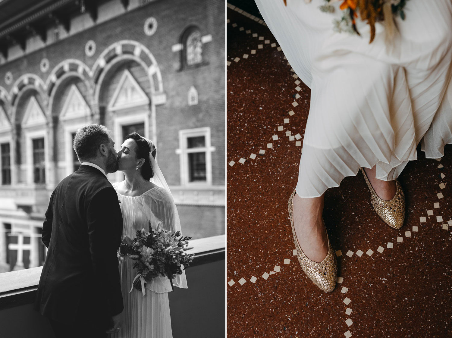 Romantic Kiss at Copenhagen City Hall and bride's shoes 