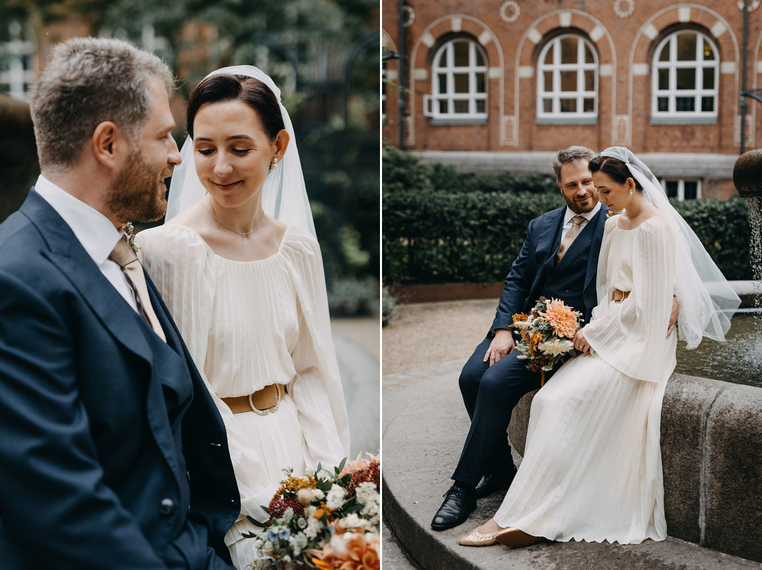 wedding portraits at Copenhagen city hall courtyard