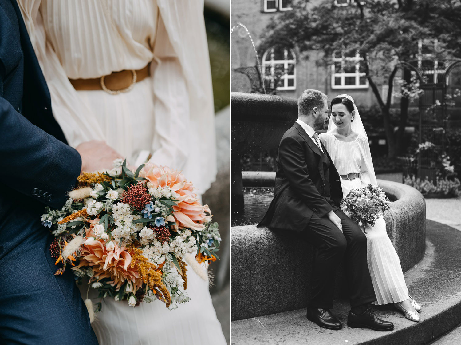  Bride Holding Bouquet in Copenhagen City Hall Courtyard
