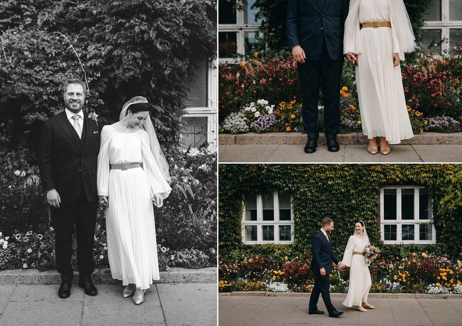 bride and groom outside Copenhagen city hall posing for wedding portraits