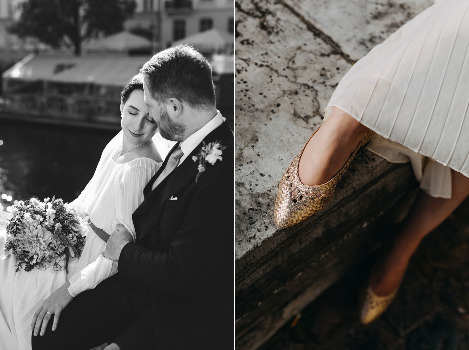 bride and groom sitting by Frederiksborg Kanal in Copenhagen