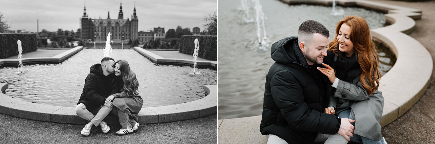 couple sitting by the fountain at Frederiksborg Castle
