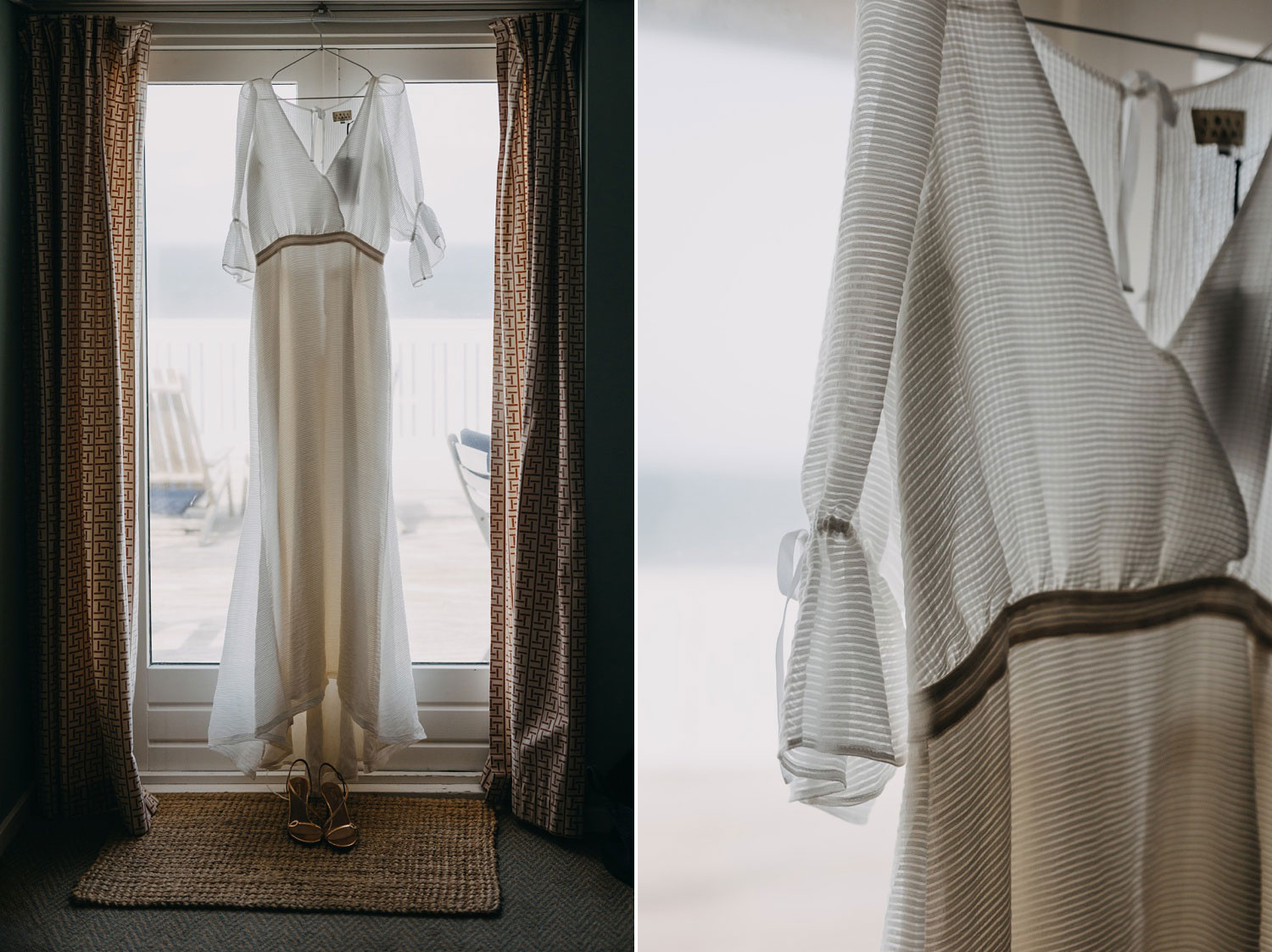 Detail shot of the wedding dress hanging, capturing the pre-ceremony atmosphere at Helenekilde Badehotel in Tisvildeleje