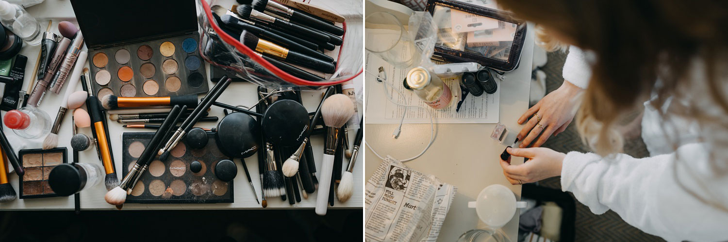 make up brushes on a table and bride painting her nails