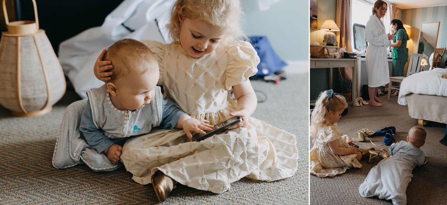 children playing while the bride gets ready at Helenekilde Hotel