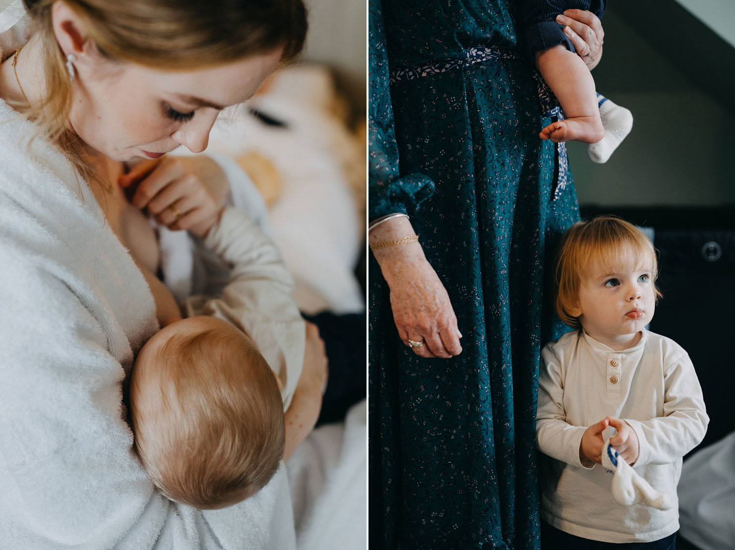 bride breastfeeding her baby before the wedding ceremony at Helenekilde Badehotel