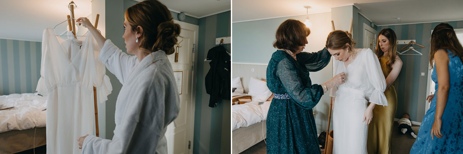 bride getting dressed at her hotel room in Tisvildeleje, Denmark