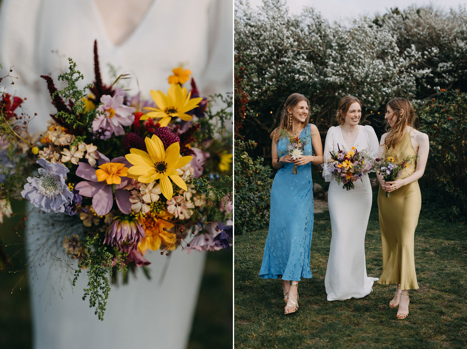 beautiful wild flowers wedding bouquet and bride and bridesmaids walking together