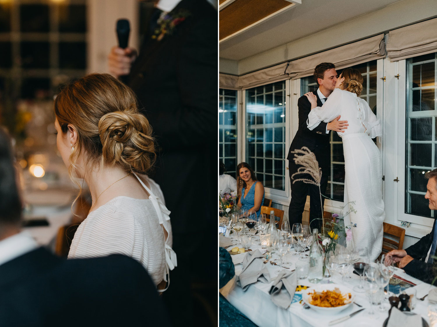 bride and groom kissing standing on their chairs