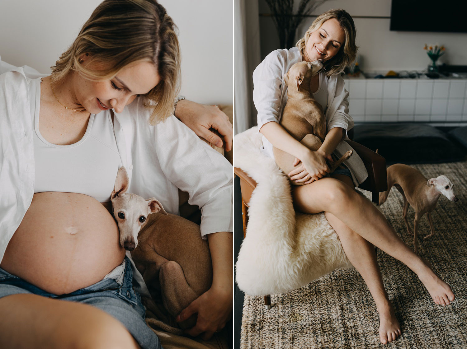 Tender moment as a dog and expectant mother bond in a maternity photo