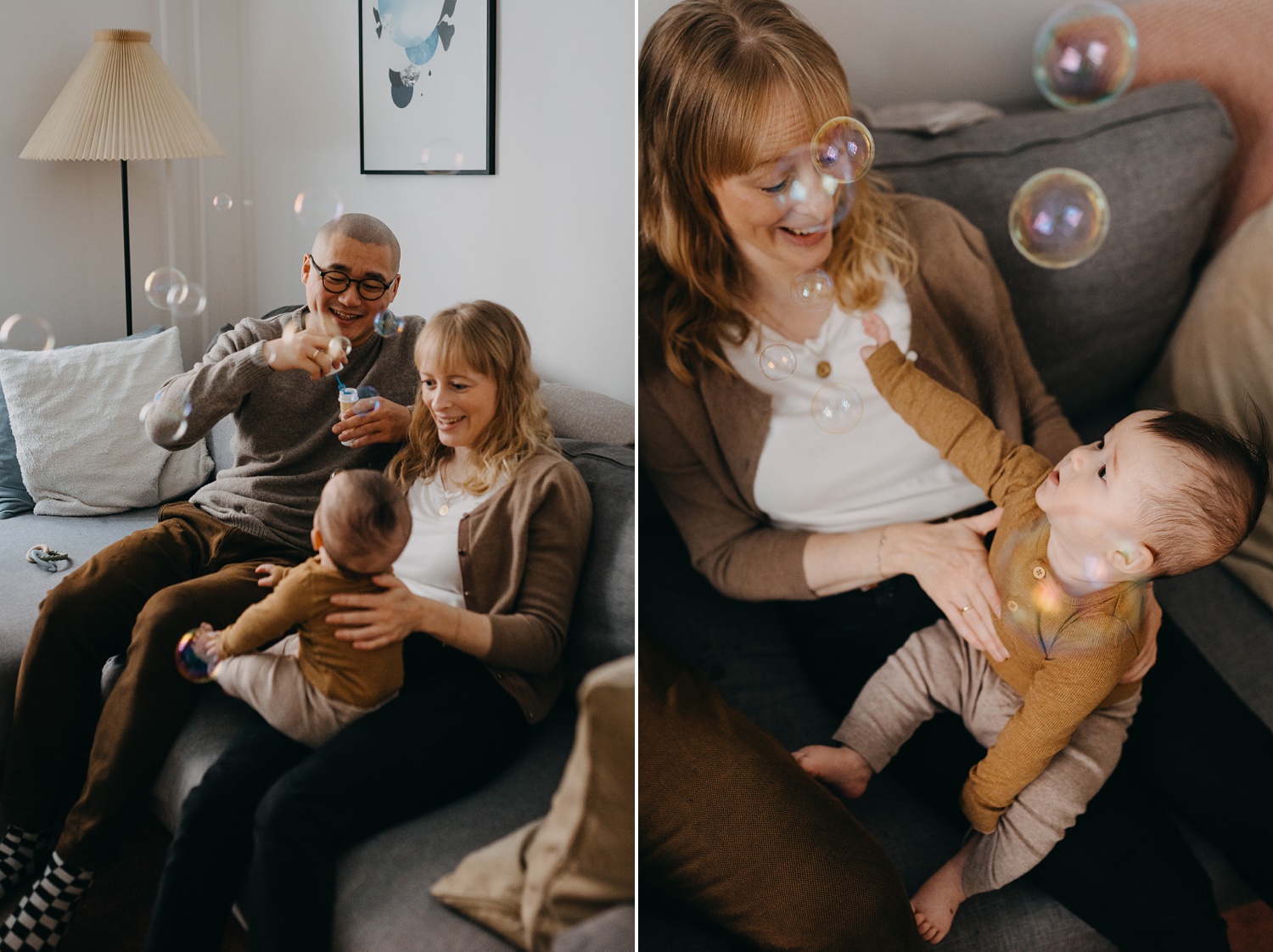 Copenhagen family playing with soap bubbles during a family photo session