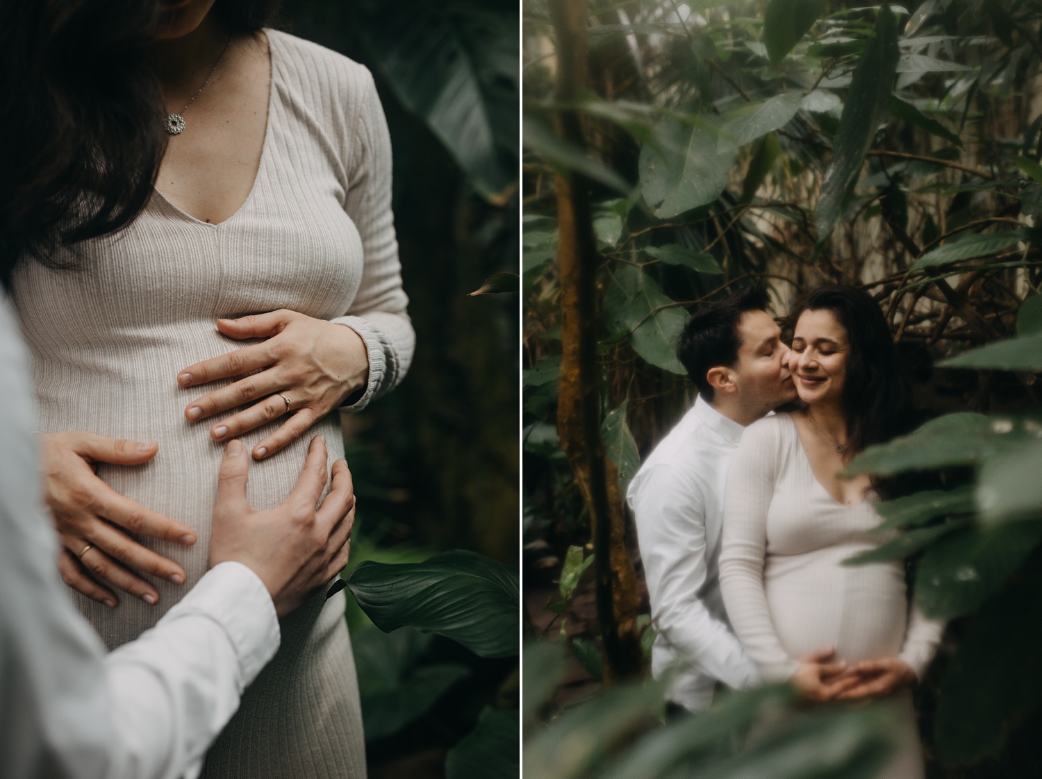 Couple captured in intimate moments surrounded by tropical foliage at Copenhagen Zoo