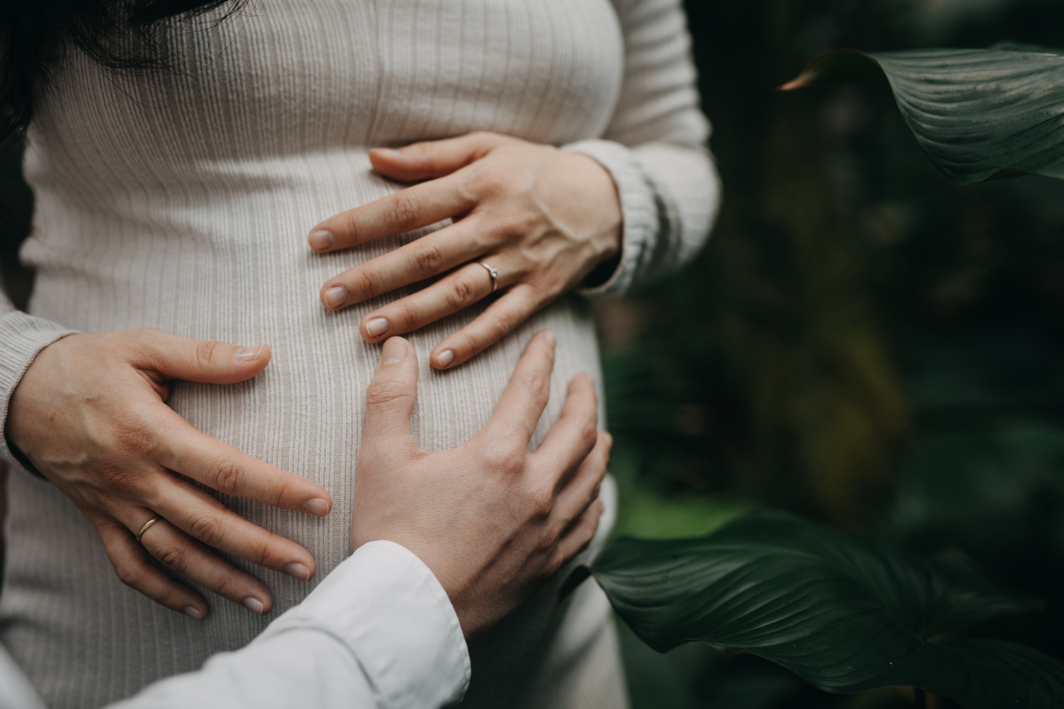 Close-up of baby bump against a backdrop of vibrant tropical plants