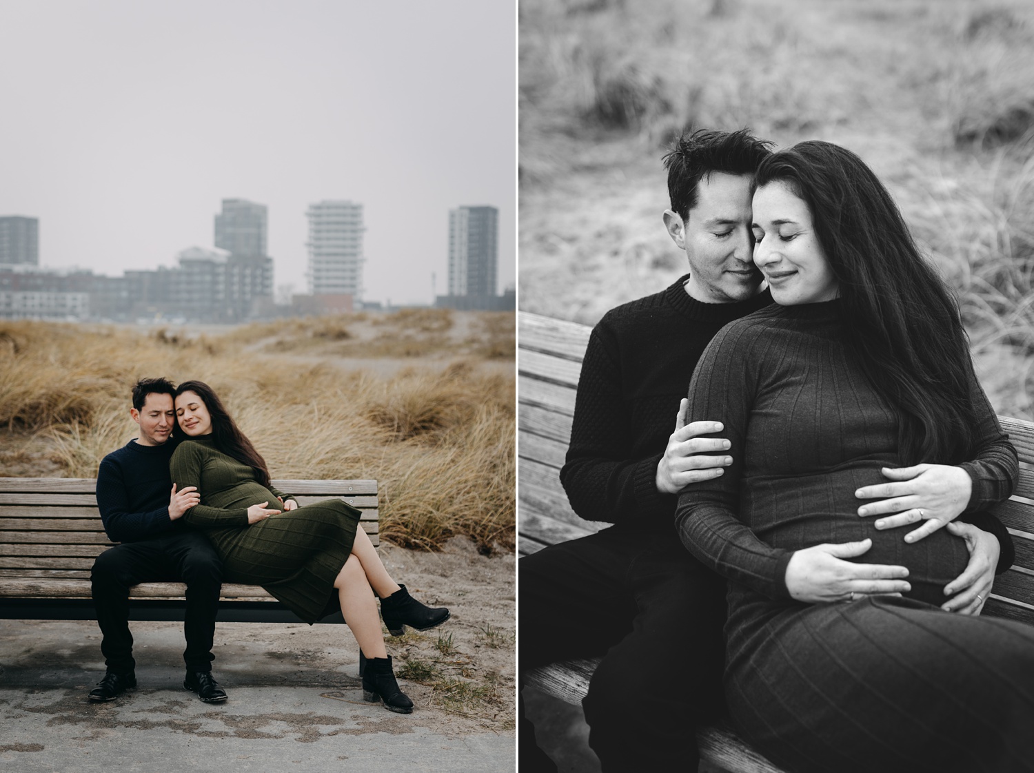 Couple's maternity photoshoot set in the tranquil ambiance of Amager Strand Park