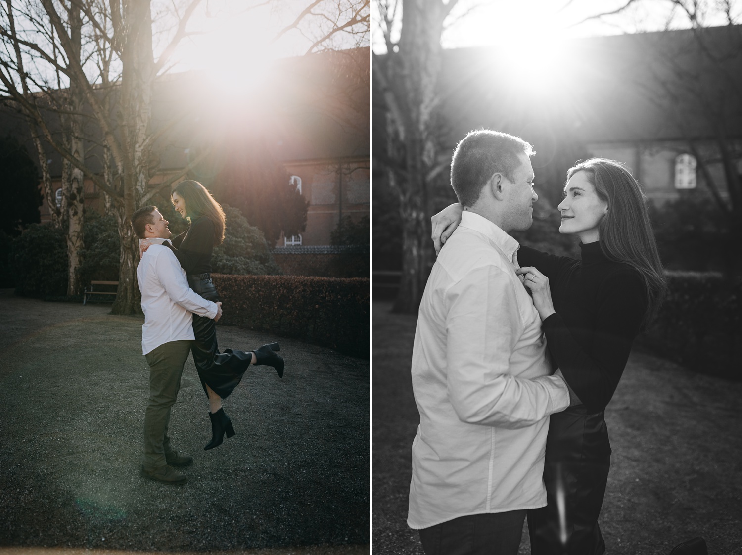 Dreamy engagement moments in Copenhagen, illuminated by soft backlight and romantic flare