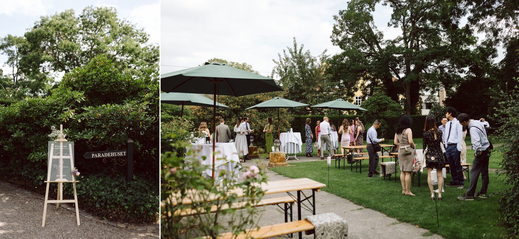 Wedding reception in a lush garden venue in Copenhagen.