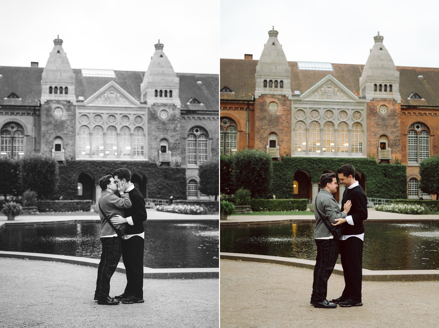 Copenhagen proposal photographer capturing an emotional yes at the Royal Library Garden.