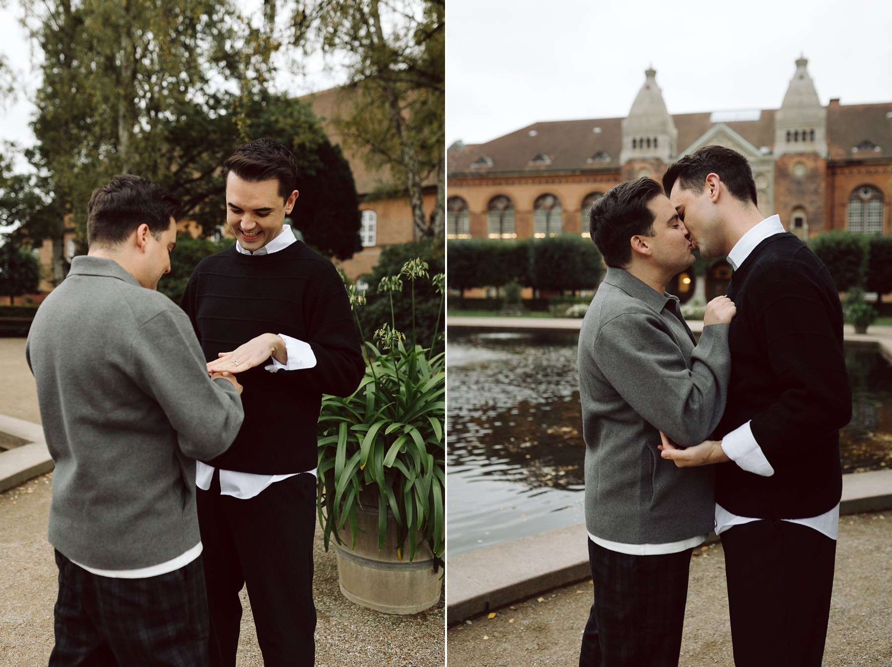 Engagement photography session in Copenhagen with autumn colors at the Royal Library Garden.