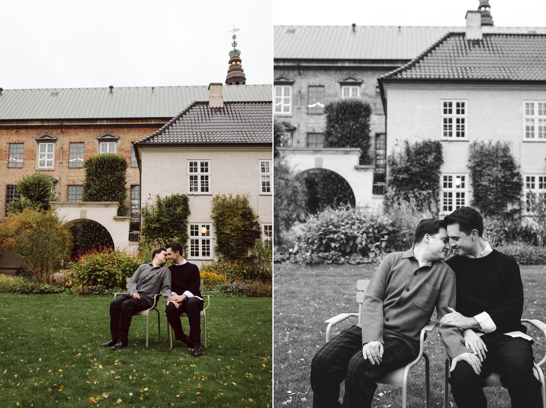 Romantic engagement photoshoot at the Royal Library Garden in Copenhagen in autumn.