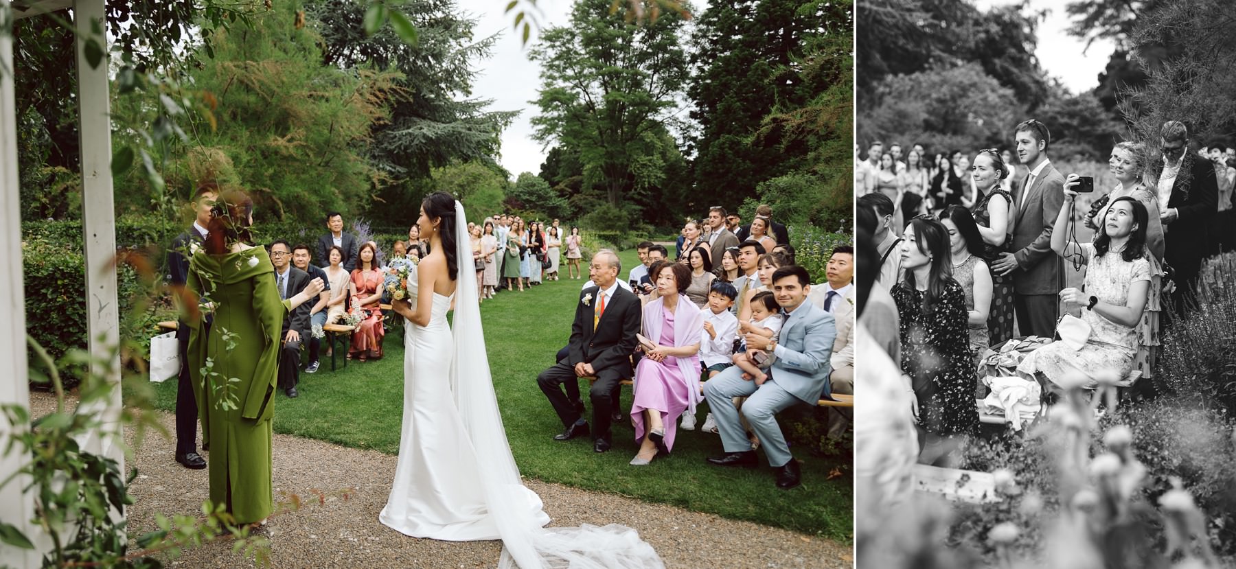 Couple exchanging vows during a summer wedding ceremony at Paradehuset, Det Kongelige Haveselskab, surrounded by family and friends.